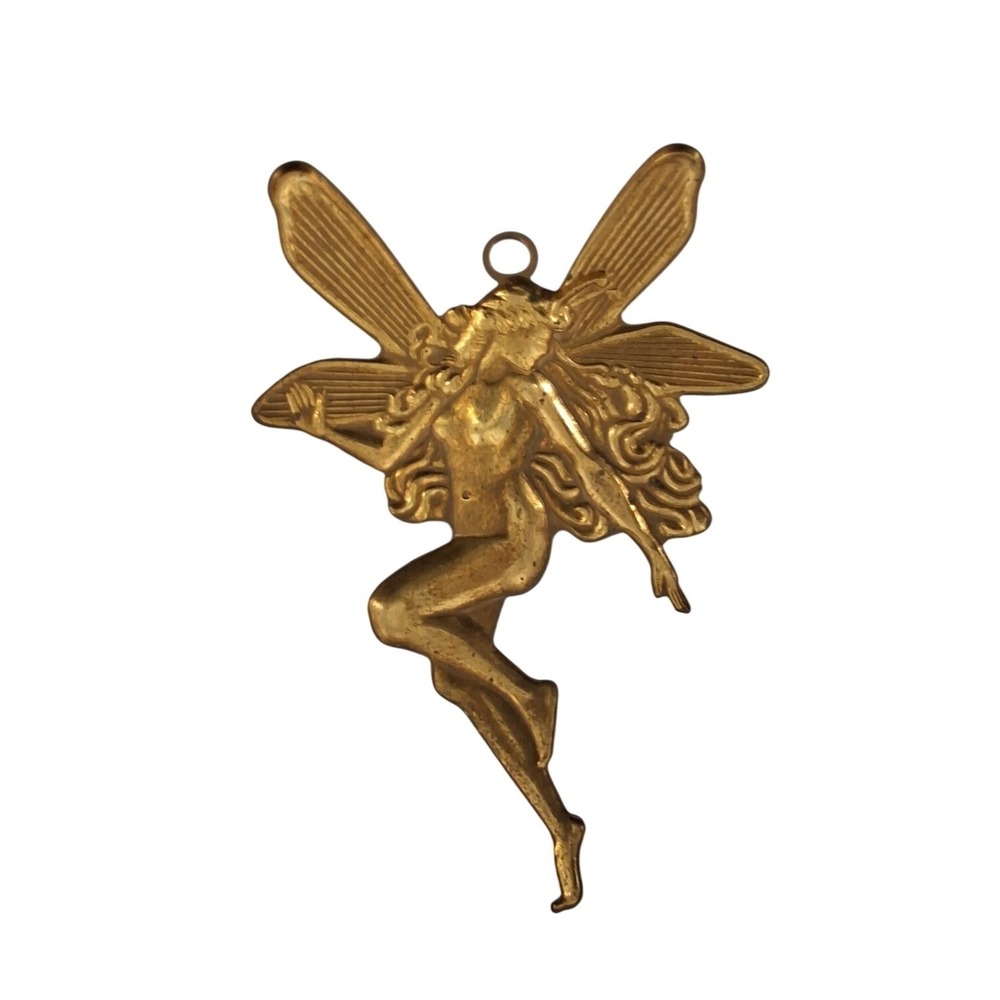 Vintage Brass Fairy Pendant Charm Winged Pixie Fantasy Jewelry Making 2 Inch